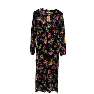 Natural Life Dress Black Floral Boho Maxi Long Sleeve Tie Neck Church Rayon Sz L